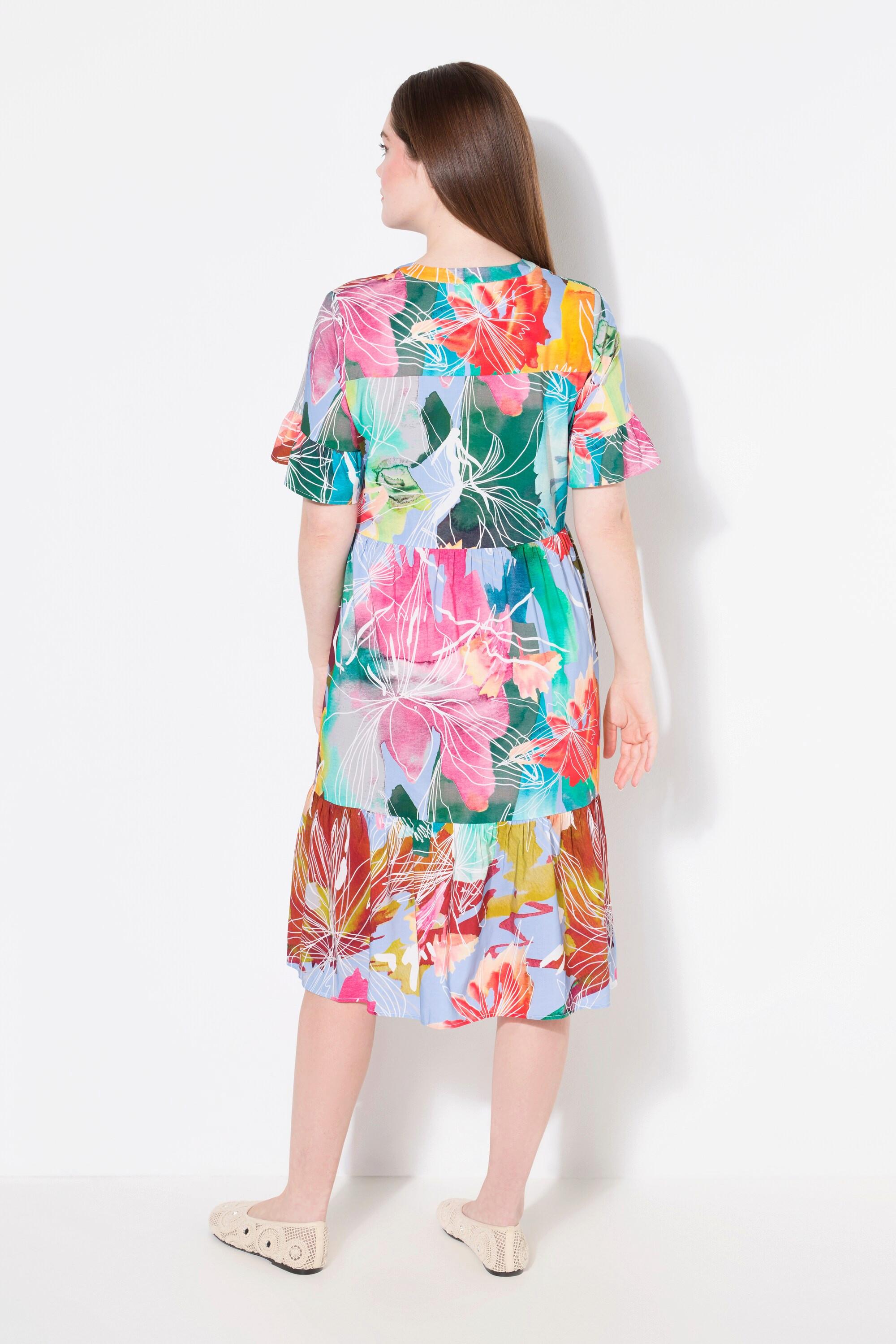 Ulla Popken Abito Tunica Linea A Volant Collo Alto Mezza Manica  