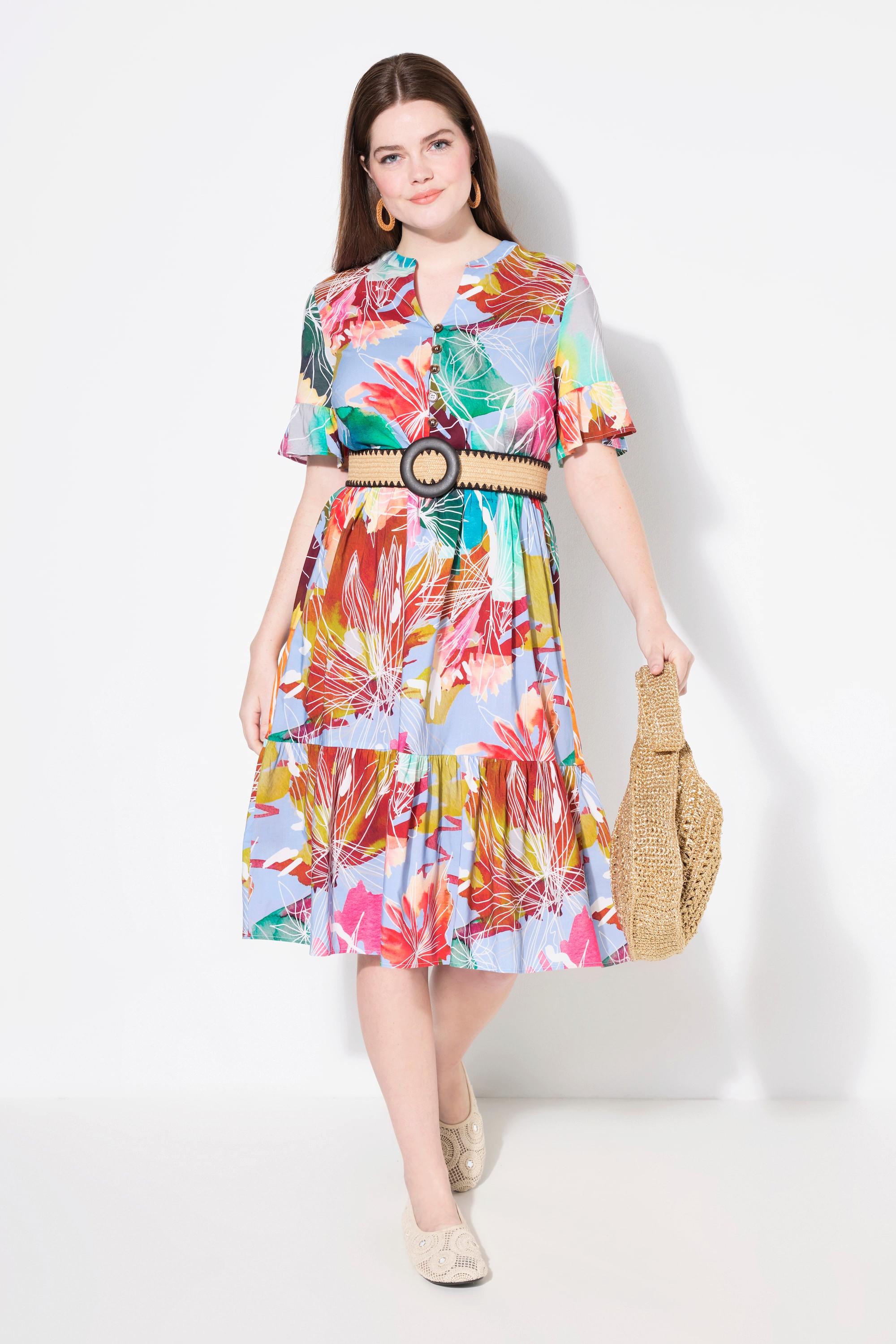 Ulla Popken Abito Tunica Linea A Volant Collo Alto Mezza Manica  