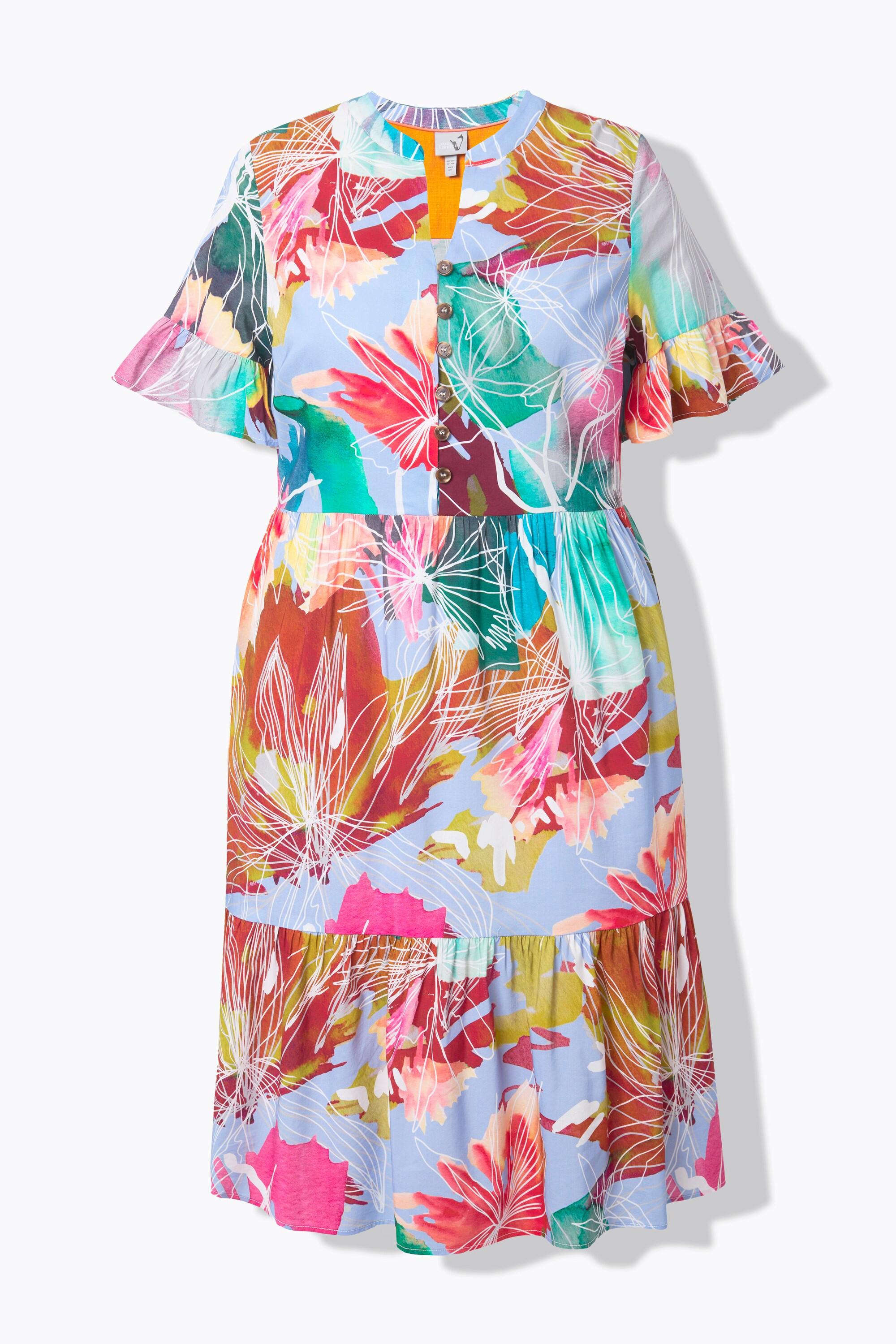 Ulla Popken Abito Tunica Linea A Volant Collo Alto Mezza Manica  