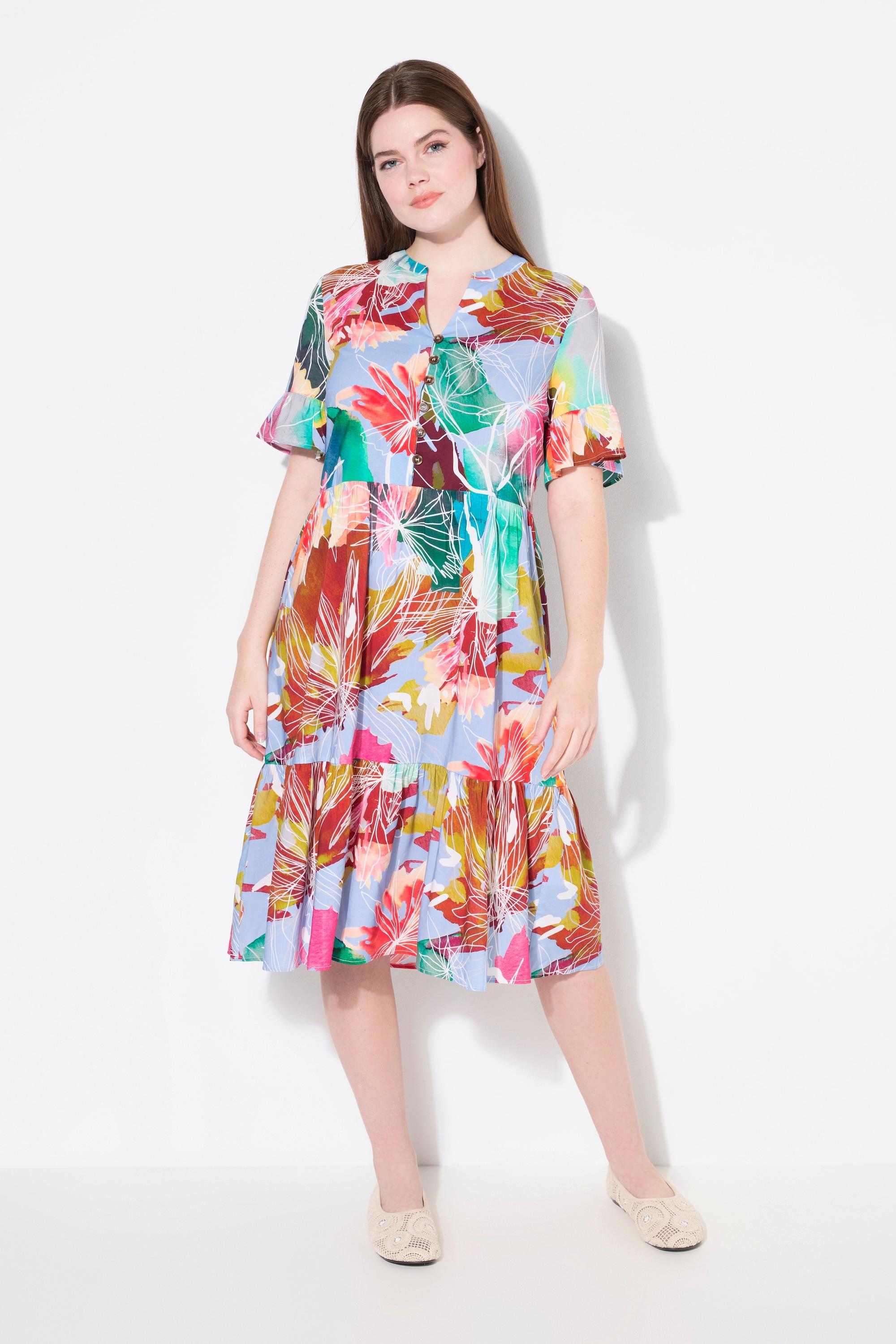 Ulla Popken Abito Tunica Linea A Volant Collo Alto Mezza Manica  