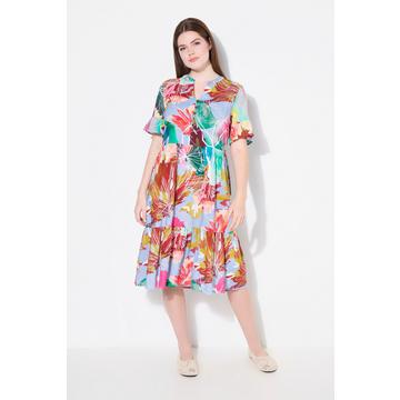 Abito a tunica dal taglio svasato con volant, collo alto e mezze maniche