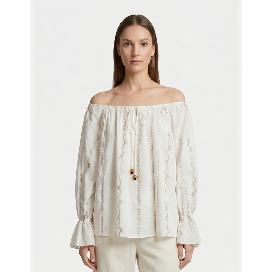 Roberta Rossi Blusa ricamata con collo a fiocco e maniche a campana  