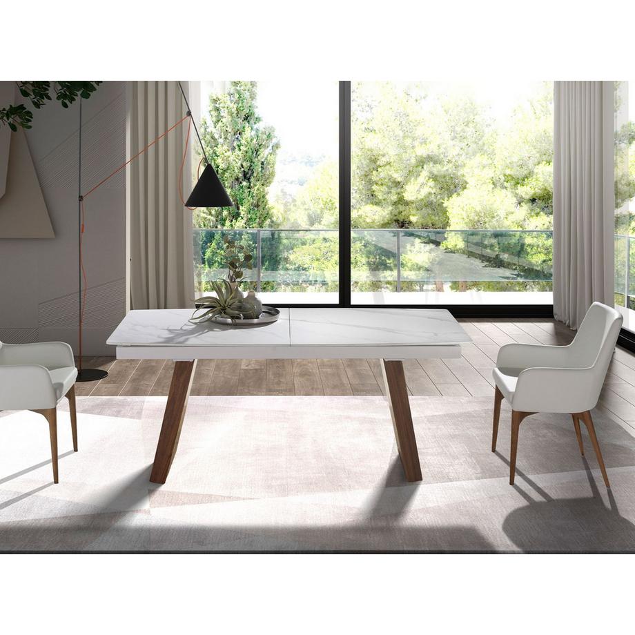 ANGEL CERDA Table à manger à rallonge baril ovale marbre porcelaine et noyer  