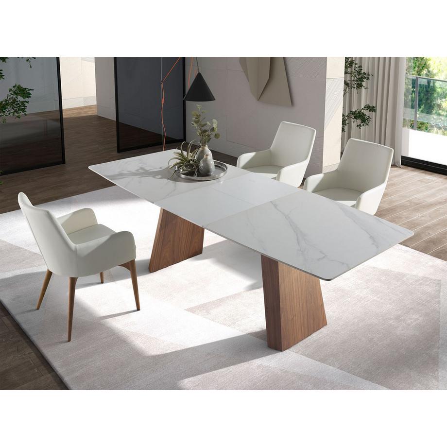 ANGEL CERDA Table à manger à rallonge baril ovale marbre porcelaine et noyer  