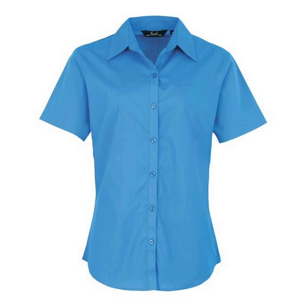 Image of Kurzarm Popeline Bluse Arbeitshemd Damen Saphirblau 36