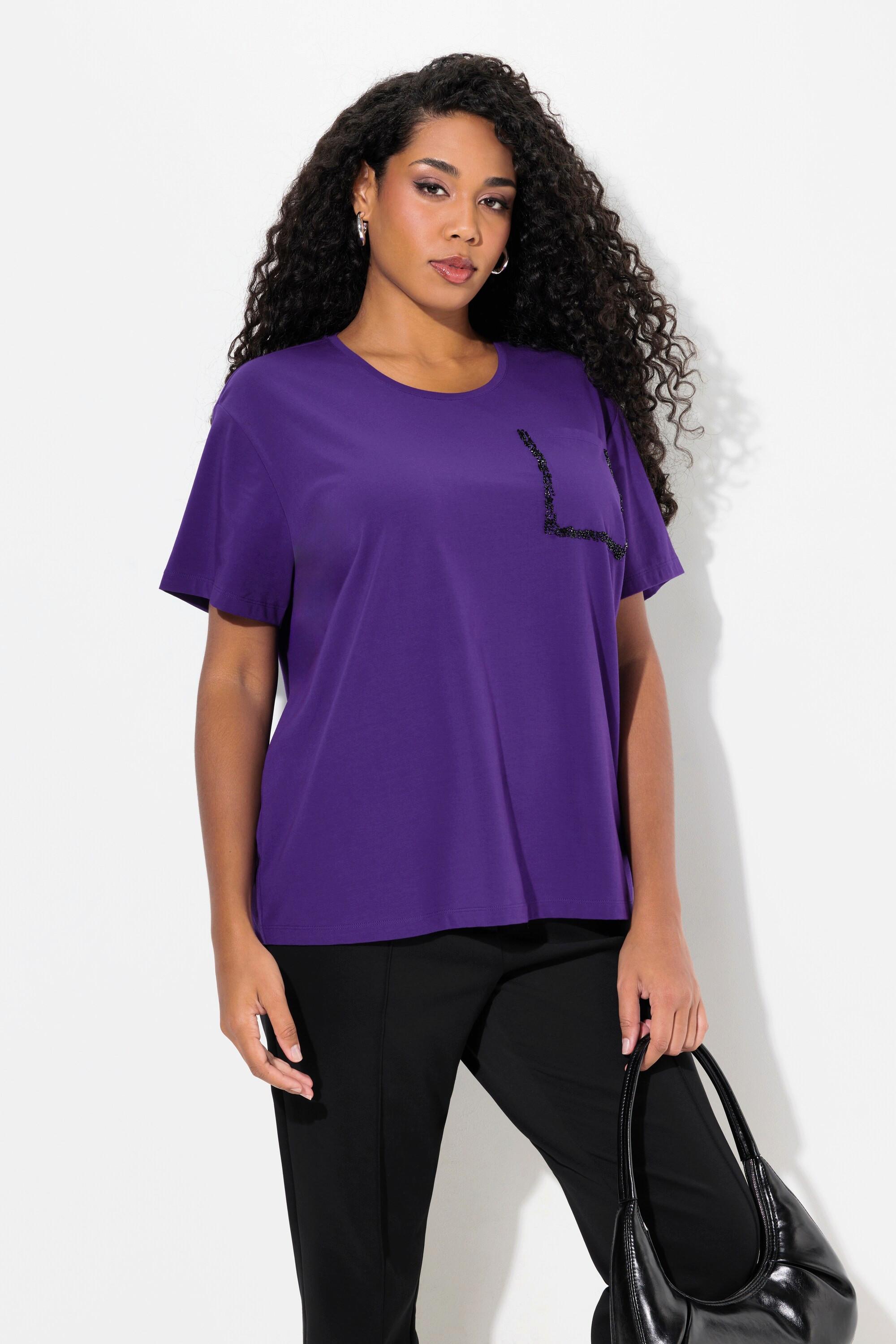 Ulla Popken  T-shirt dal taglio oversize con taschino, perline, scollo a girocollo e mezze maniche 