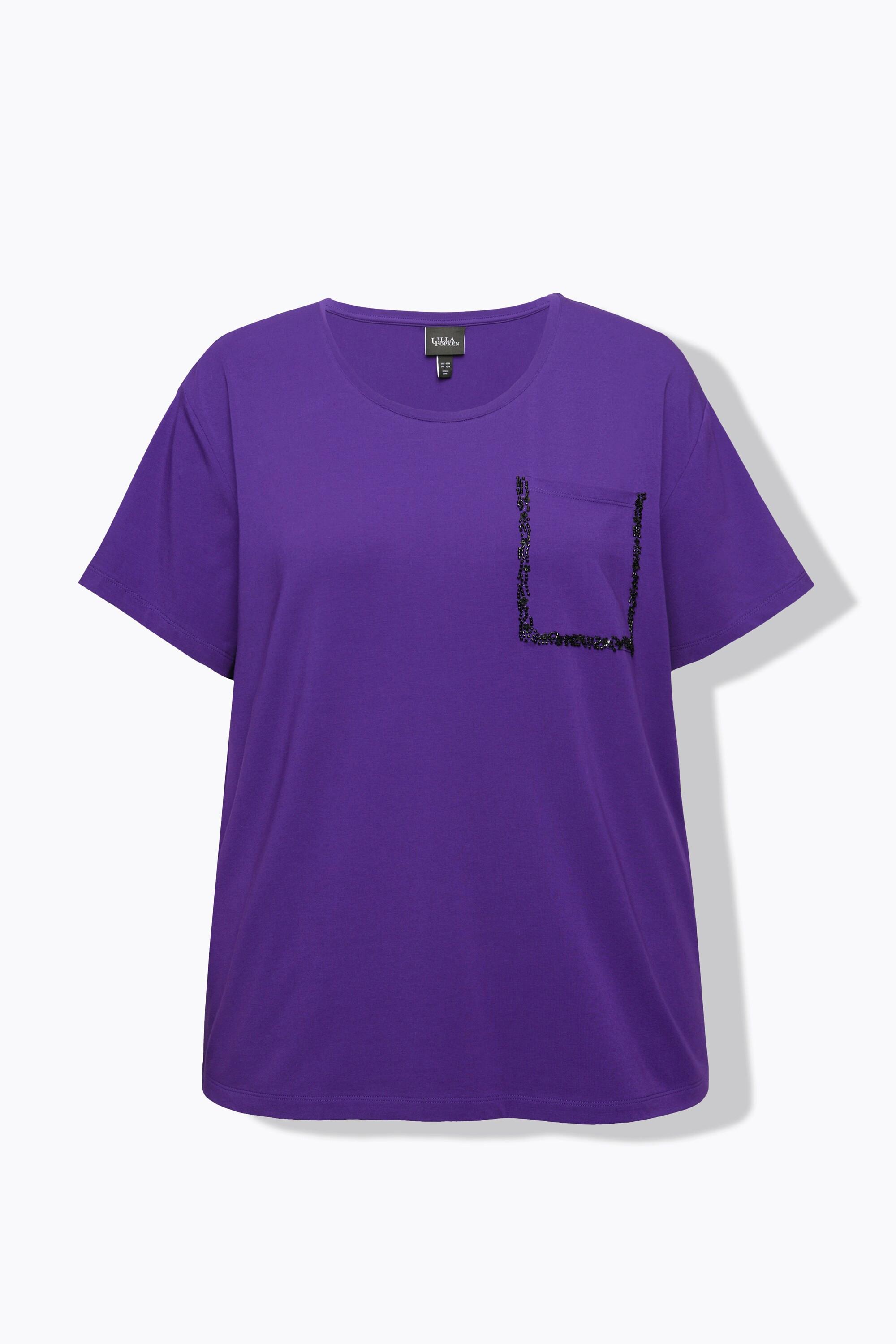 Ulla Popken  T-shirt dal taglio oversize con taschino, perline, scollo a girocollo e mezze maniche 