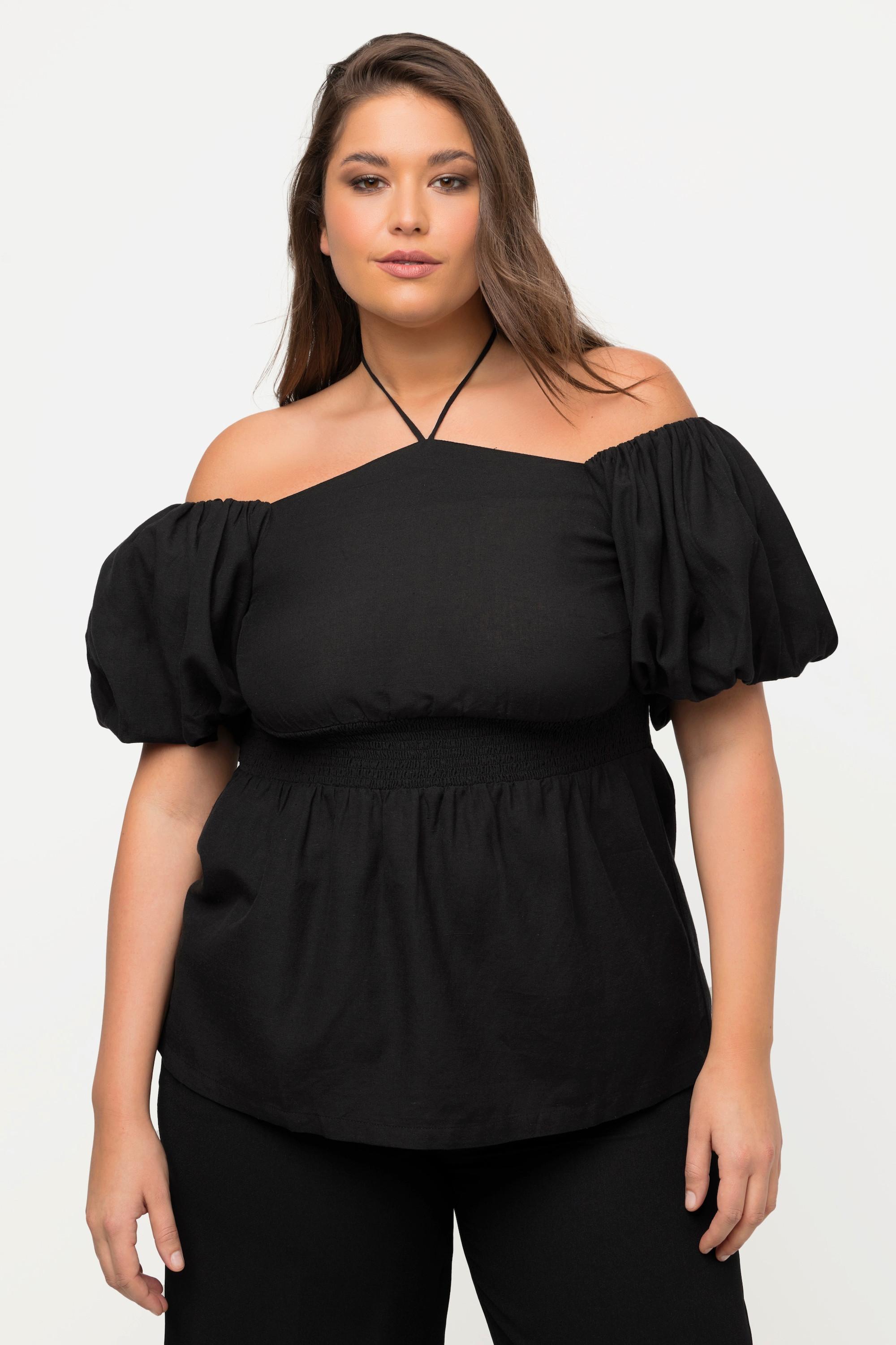 Ulla Popken  Blouse avec décolleté Carmen. Taille smockée et manches courtes. 