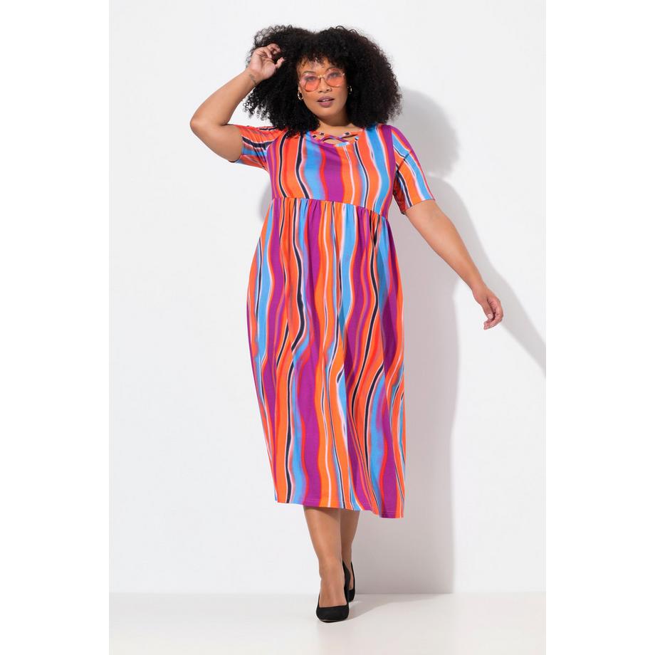 Ulla Popken Maxikleid Zierbänder A-Linie Rundhals Halbarm  