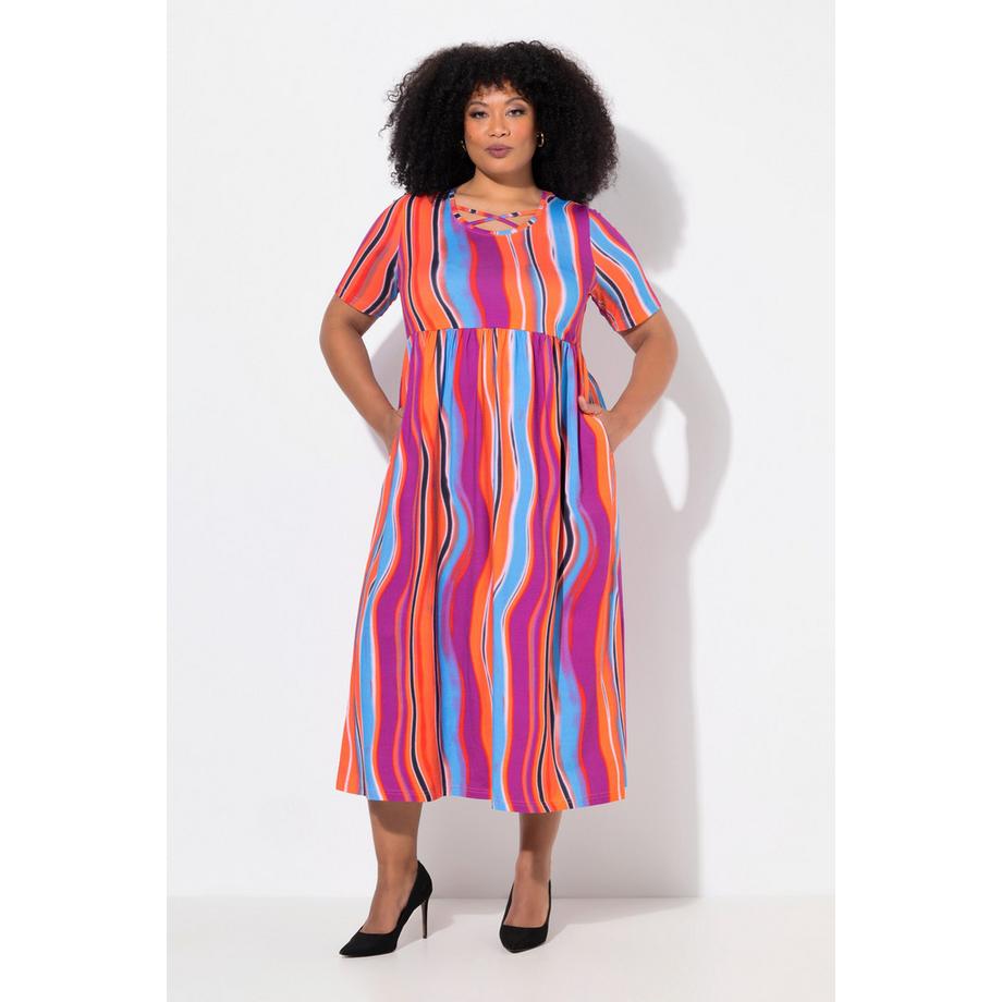 Ulla Popken Maxikleid Zierbänder A-Linie Rundhals Halbarm  