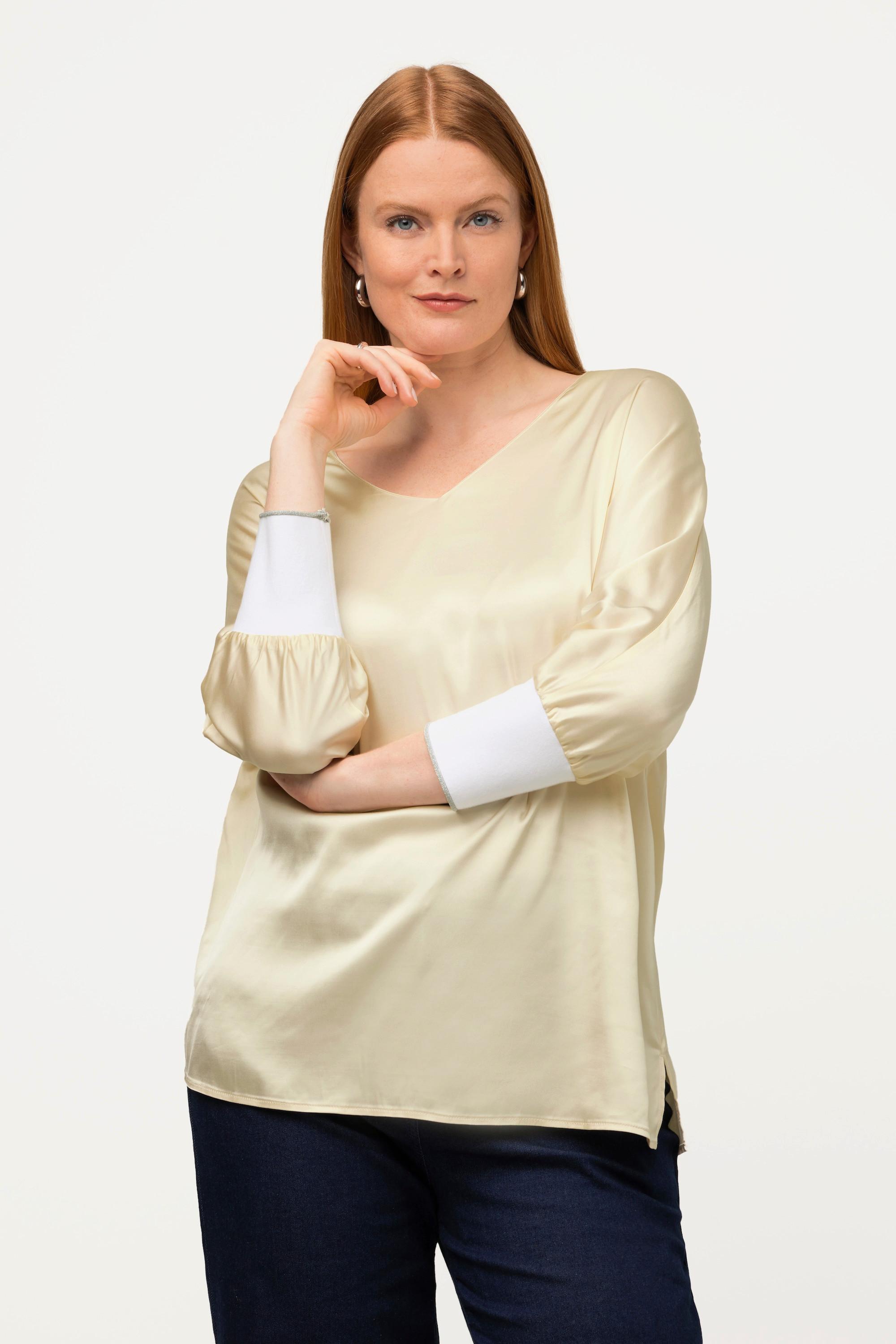 Ulla Popken  Blusa con raso, scollo a V e maniche a 3/4 a pipistrello 