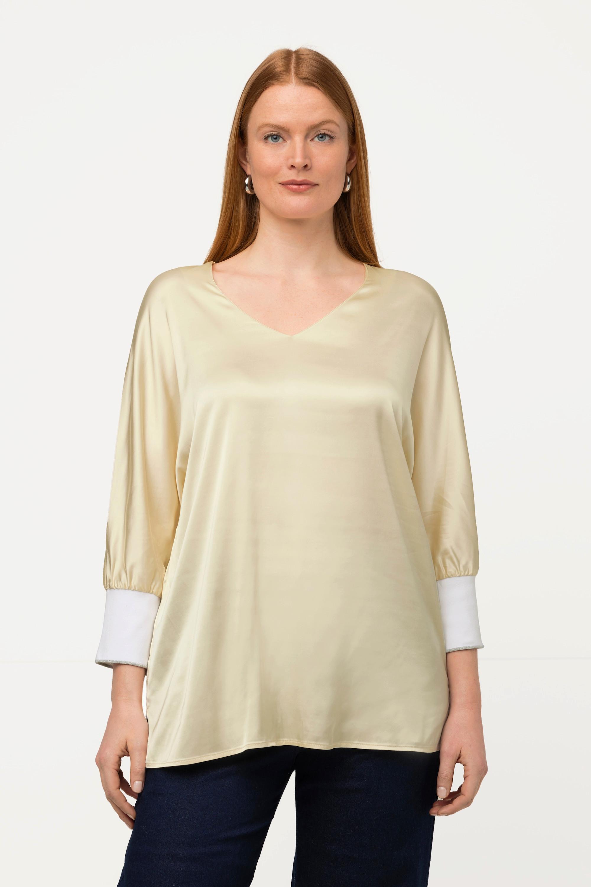 Ulla Popken  Blusa con raso, scollo a V e maniche a 3/4 a pipistrello 