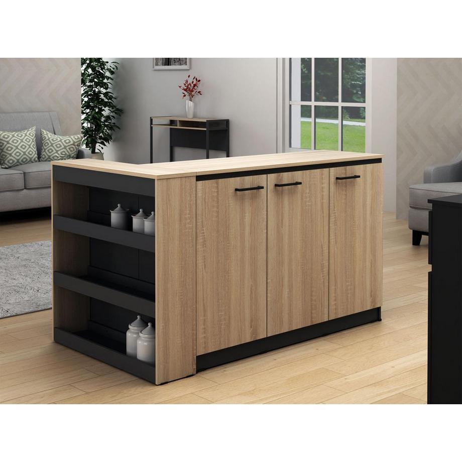 Vente-unique  Set zentrale Kücheninsel + 2 Hocker - Schwarz & Holzfarben hell - NUSICE 