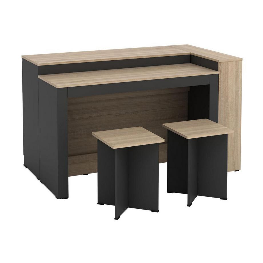 Vente-unique  Set zentrale Kücheninsel + 2 Hocker - Schwarz & Holzfarben hell - NUSICE 