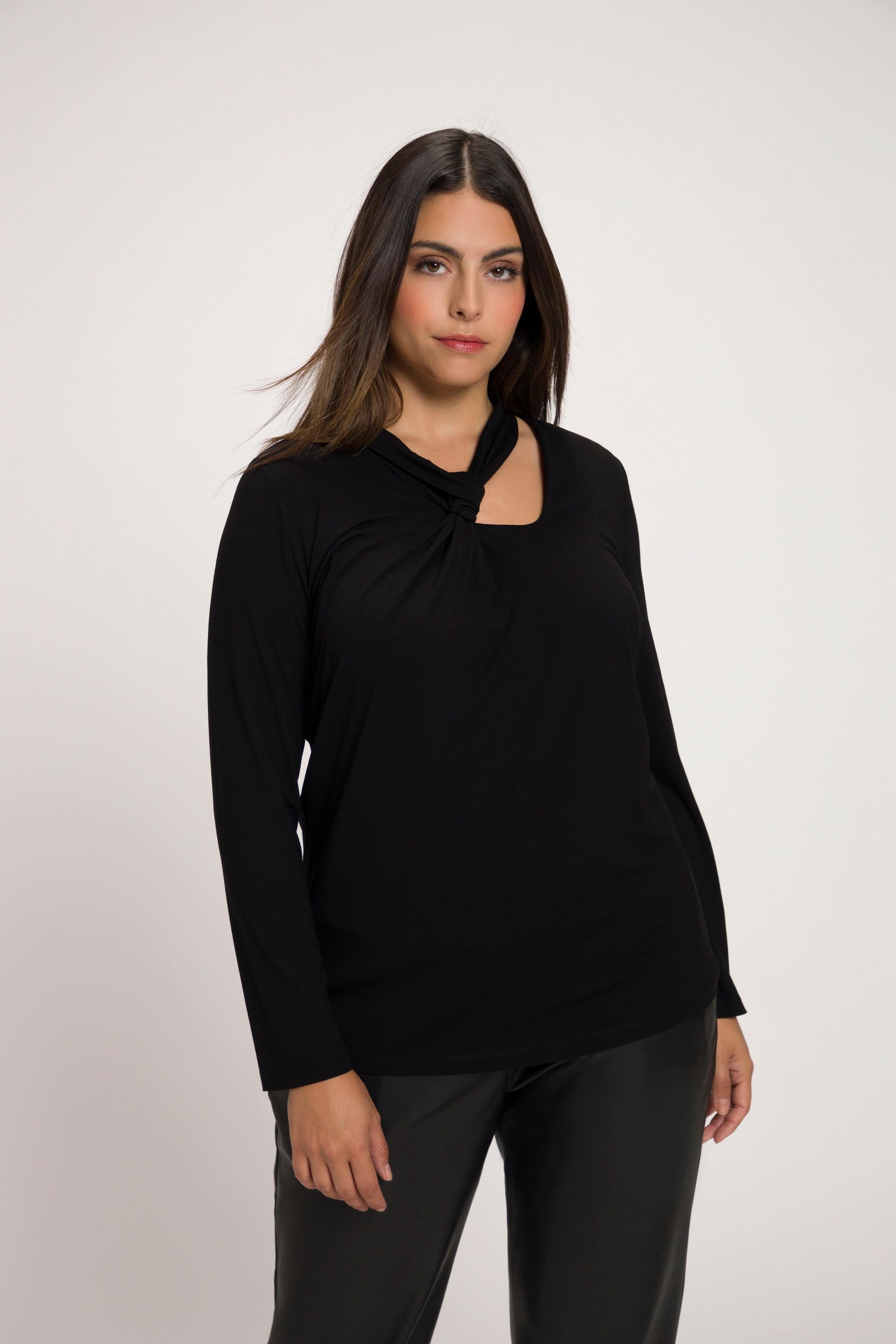 Ulla Popken  Shirt, Cut-Out, Slim, drapierter V-Ausschnitt, Langarm 