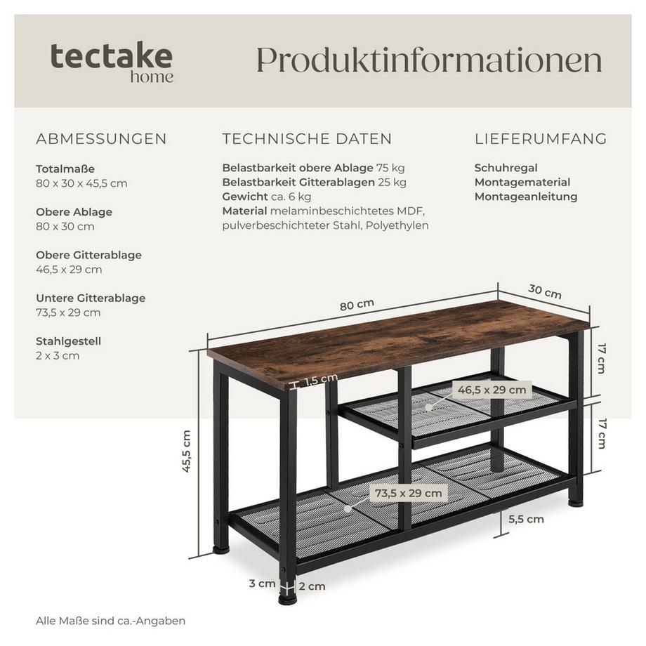 Tectake Schuhregal Taunton Industrial Style Holz und Stahl  