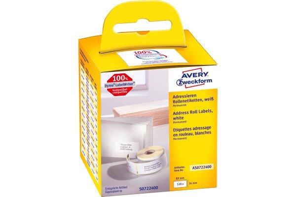 Avery-Zweckform Avery-Zweckform AS0722400 Rotolo di etichette 89 x 36 mm Carta Bianco 520 pz. Permanente Etichetta per indirizzo  