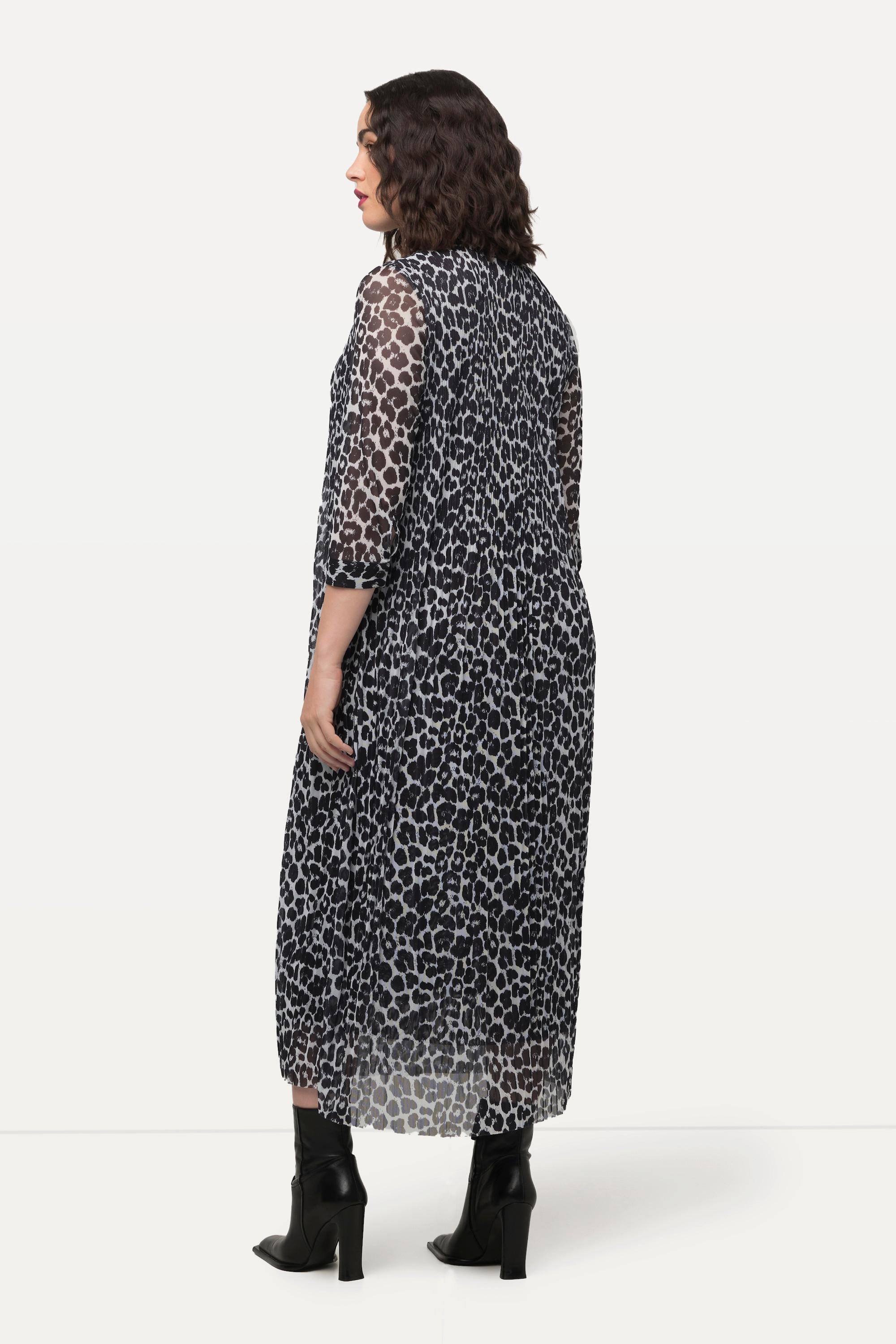 Ulla Popken  Abito maxi di mesh a doppio strato con fantasia leopardata, scollo a girocollo e maniche lunghe 