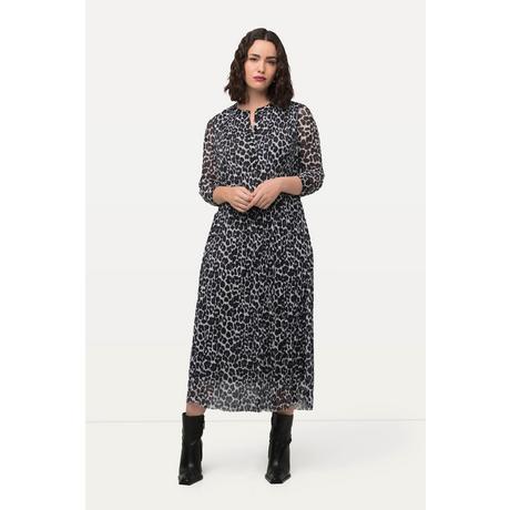 Ulla Popken  Abito maxi di mesh a doppio strato con fantasia leopardata, scollo a girocollo e maniche lunghe 