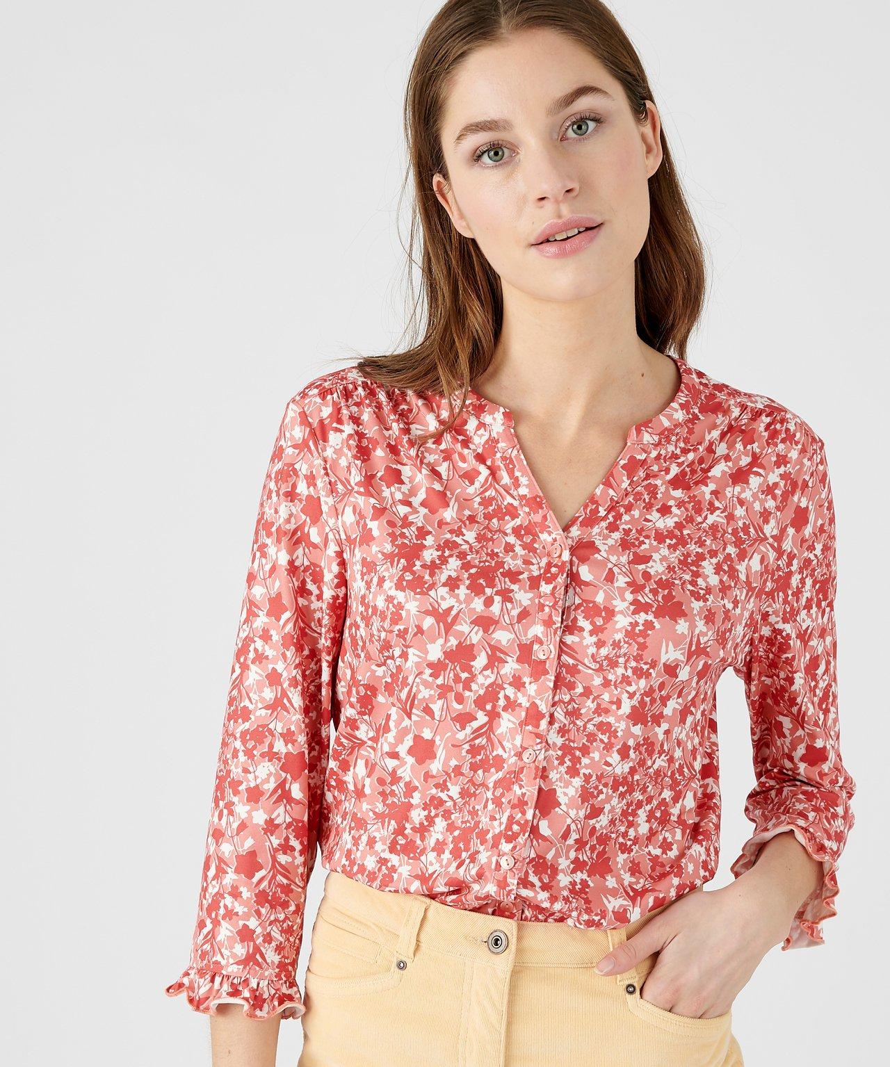 Image of Bluse Mit Blumenmotiv, Dehnbares Gewebe Mit Weichem Griff, Rundhals Mit V-ausschnitt. Damen Rot 54/56