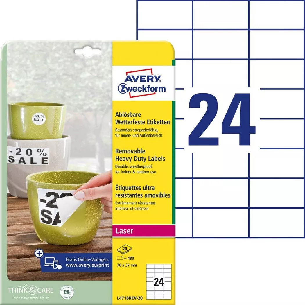 Avery-Zweckform – AVERY ZWECKFORM Etiketten Laser 70x37mm,wetterfest,ablösbar 20B., One Size, Weiss
