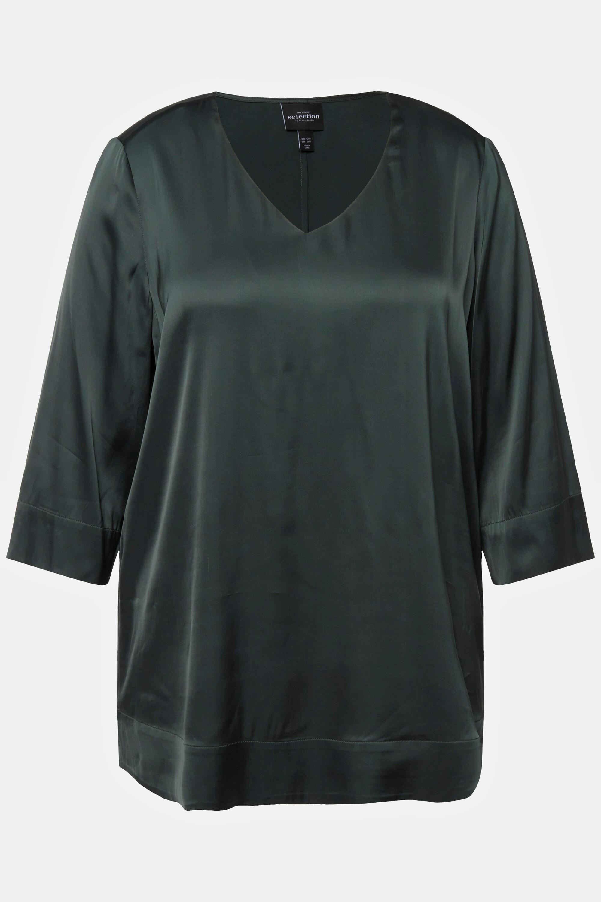 Ulla Popken  Blusenshirt, Satin, Boxy, V-Ausschnitt, 3/4-Arm 