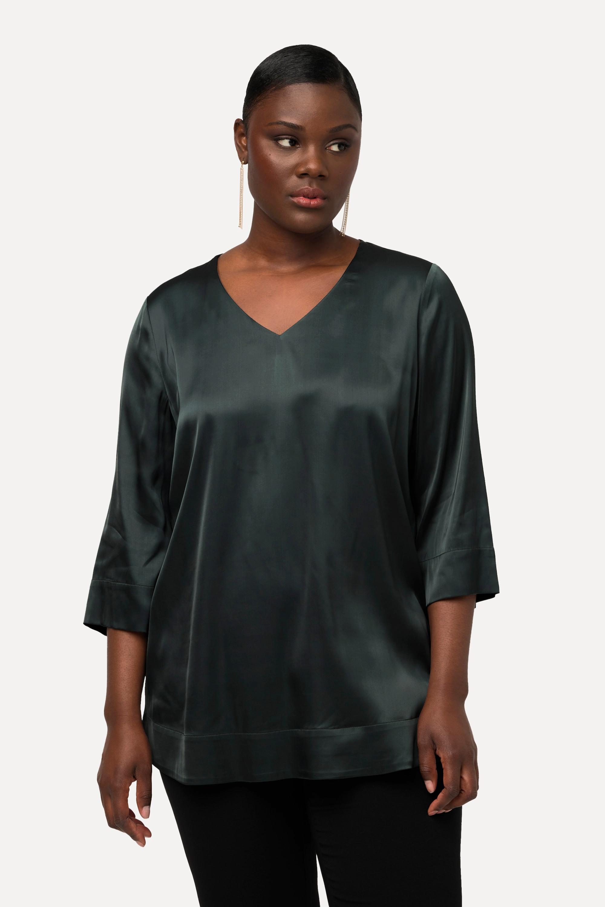 Ulla Popken  Blusenshirt, Satin, Boxy, V-Ausschnitt, 3/4-Arm 