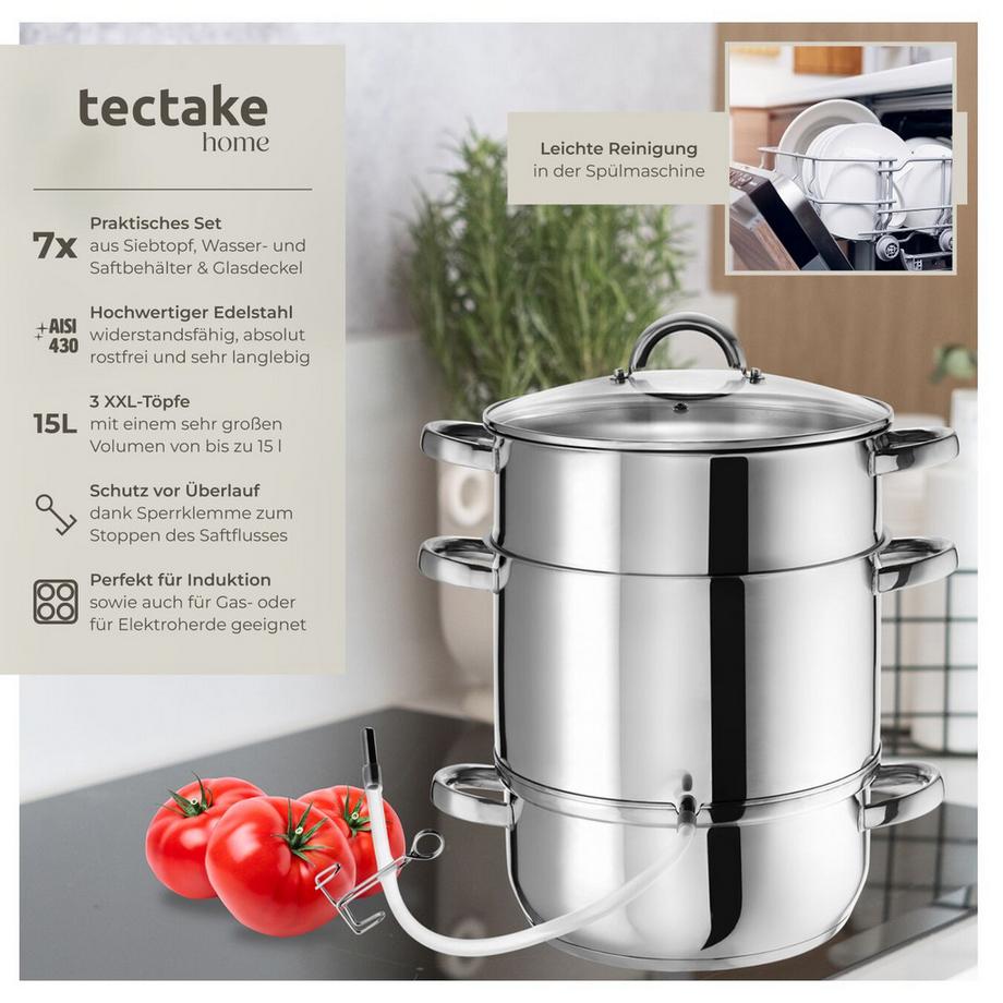 Tectake  Dampfentsafter  7-teilig, aus Edelstahl mit Glasdeckel für Obst und Gemüse 