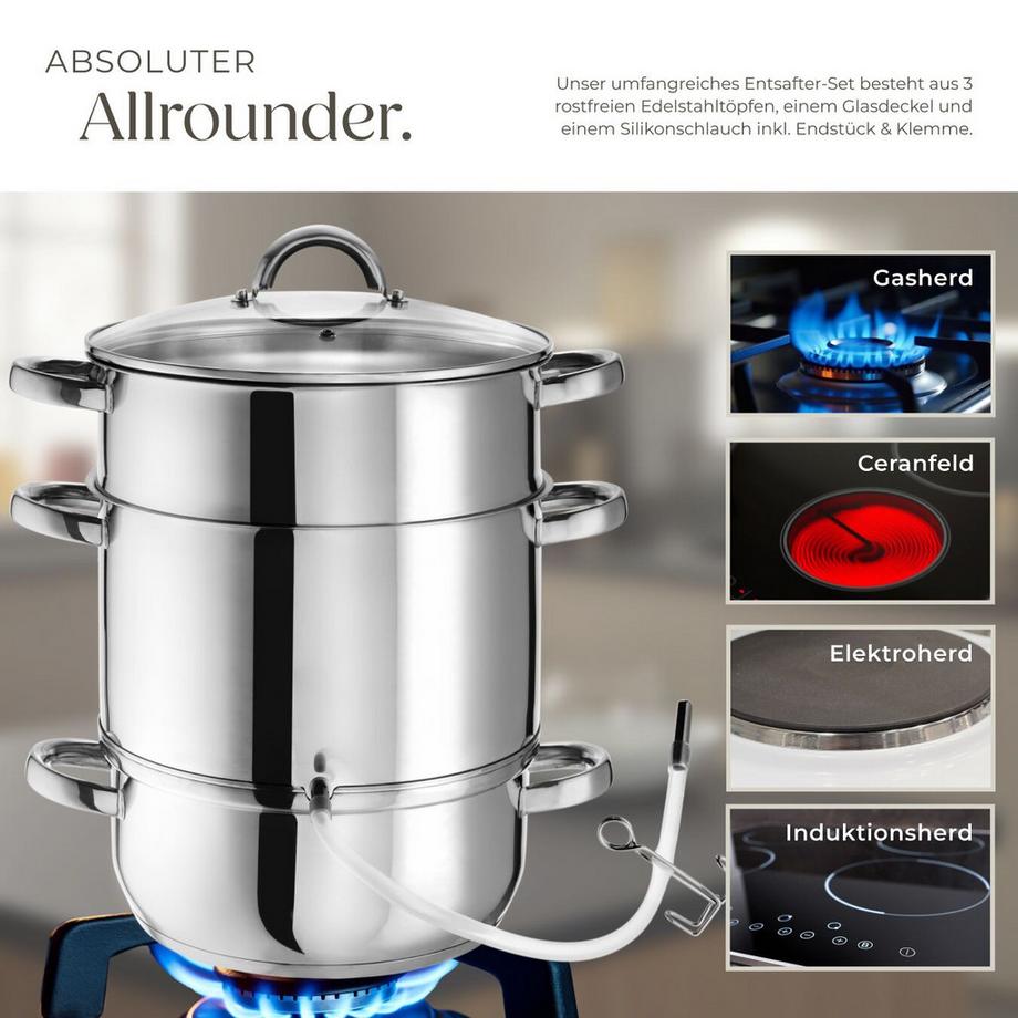 Tectake  Dampfentsafter  7-teilig, aus Edelstahl mit Glasdeckel für Obst und Gemüse 