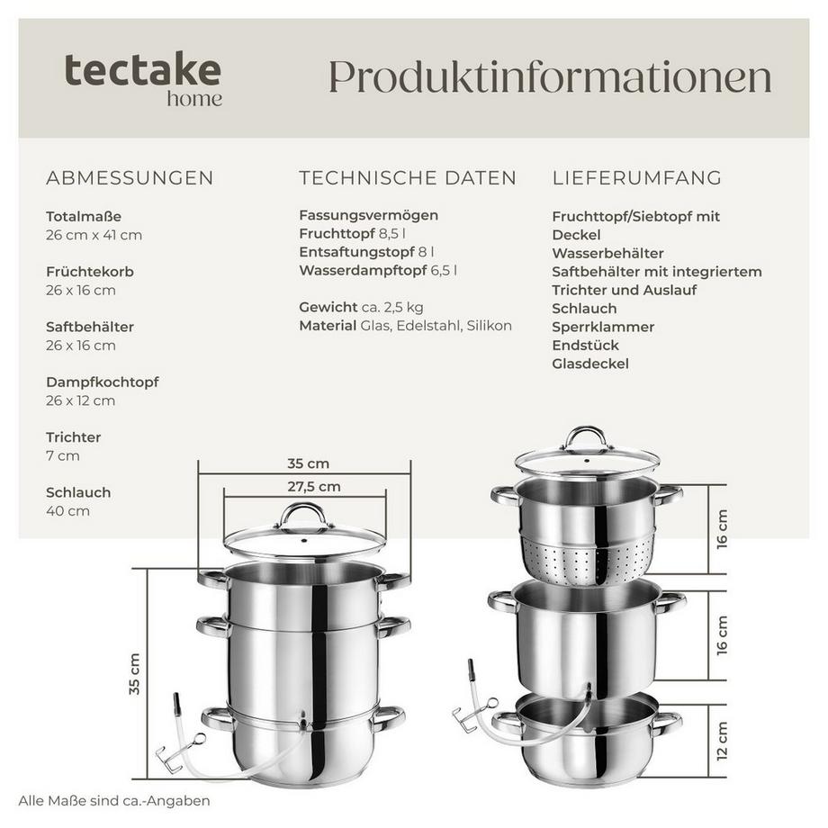 Tectake  Dampfentsafter  7-teilig, aus Edelstahl mit Glasdeckel für Obst und Gemüse 