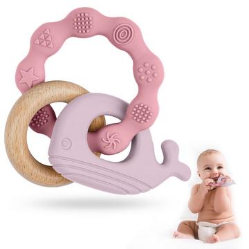 Beißring für Babys, Beißring-Spielzeug aus Silikon und Holzringen, Baby-Beißhilfe BPA-frei, schmerzlinderndes Beißzubehör