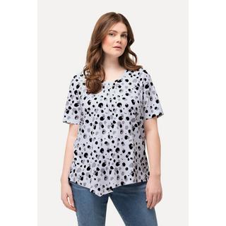 Ulla Popken  T-shirt con pallini, scollo a girocollo, nervature, orlo a punte e mezze maniche 