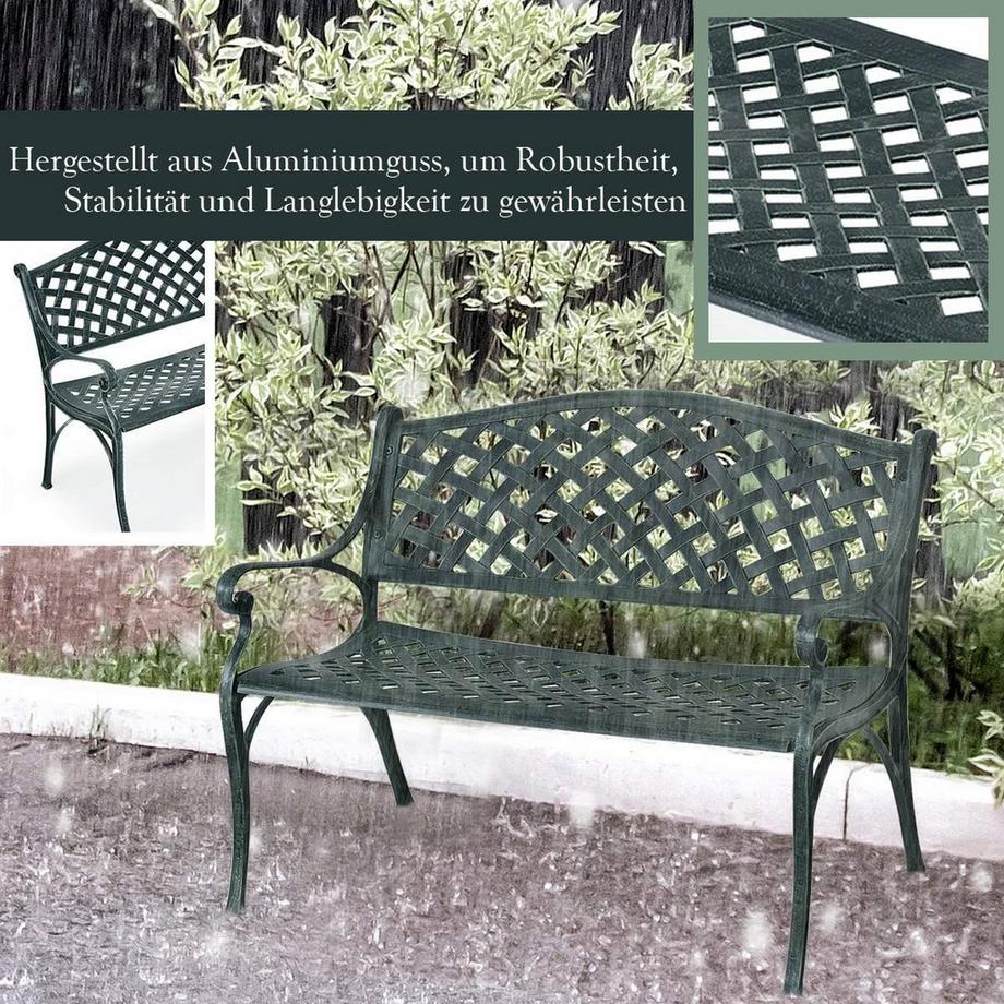 Northix Gartenbank Aluminium-Sitzbank mit Armlehnen Sitzbank 103 x 55 x 82 cm Antikes Grün  