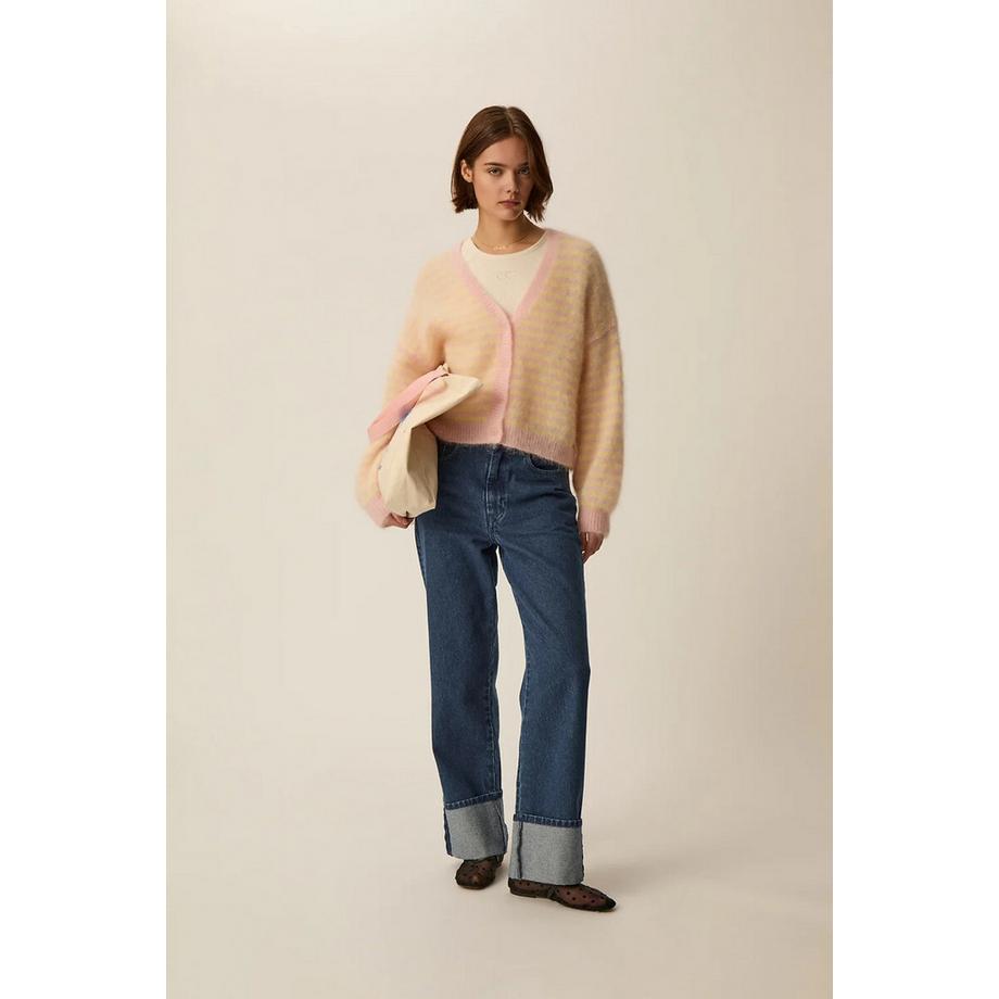 Des Petits Hauts Gestreifte V-Ausschnitt Knopfstrickjacke  