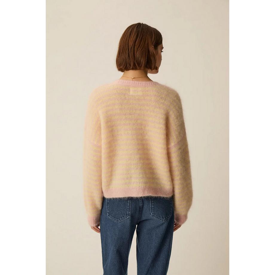 Des Petits Hauts Gestreifte V-Ausschnitt Knopfstrickjacke  