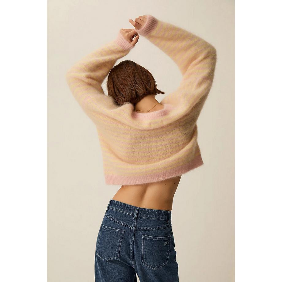 Des Petits Hauts Gestreifte V-Ausschnitt Knopfstrickjacke  