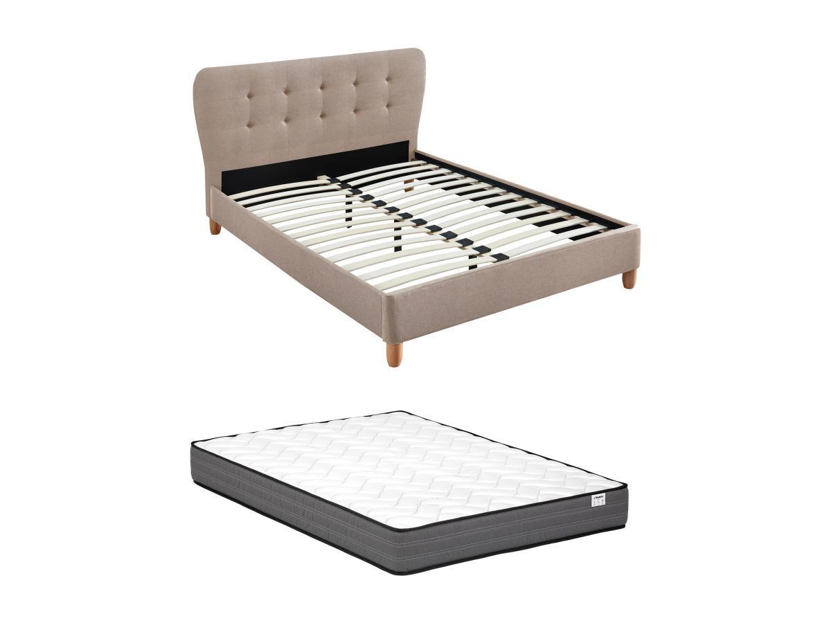 Vente-unique Lit 180 x 200 cm avec tête de lit capitonnée - Tissu - Beige + Matelas - ELIDE  