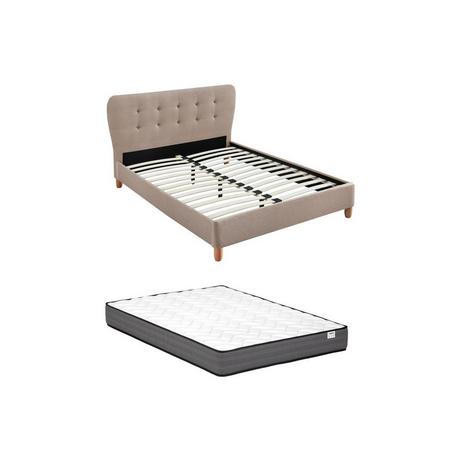 Vente-unique Lit 180 x 200 cm avec tête de lit capitonnée - Tissu - Beige + Matelas - ELIDE  