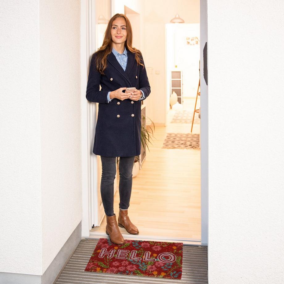 Northix Paillasson en fibre de coco "Hello" avec fleurs  