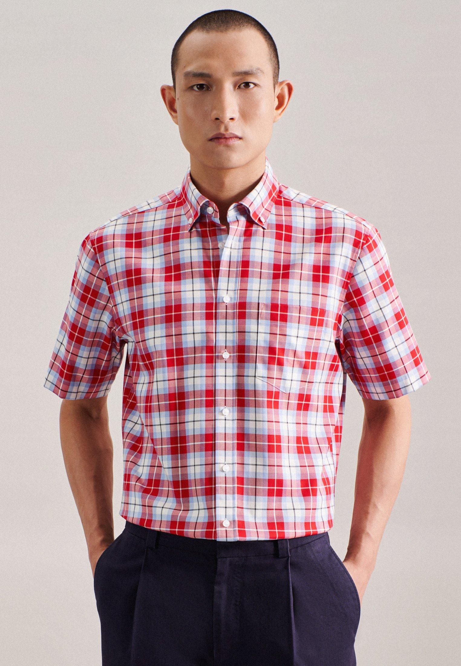 Image of Business Hemd Regular Fit Kurzarm Karo Herren Rot Bunt 38