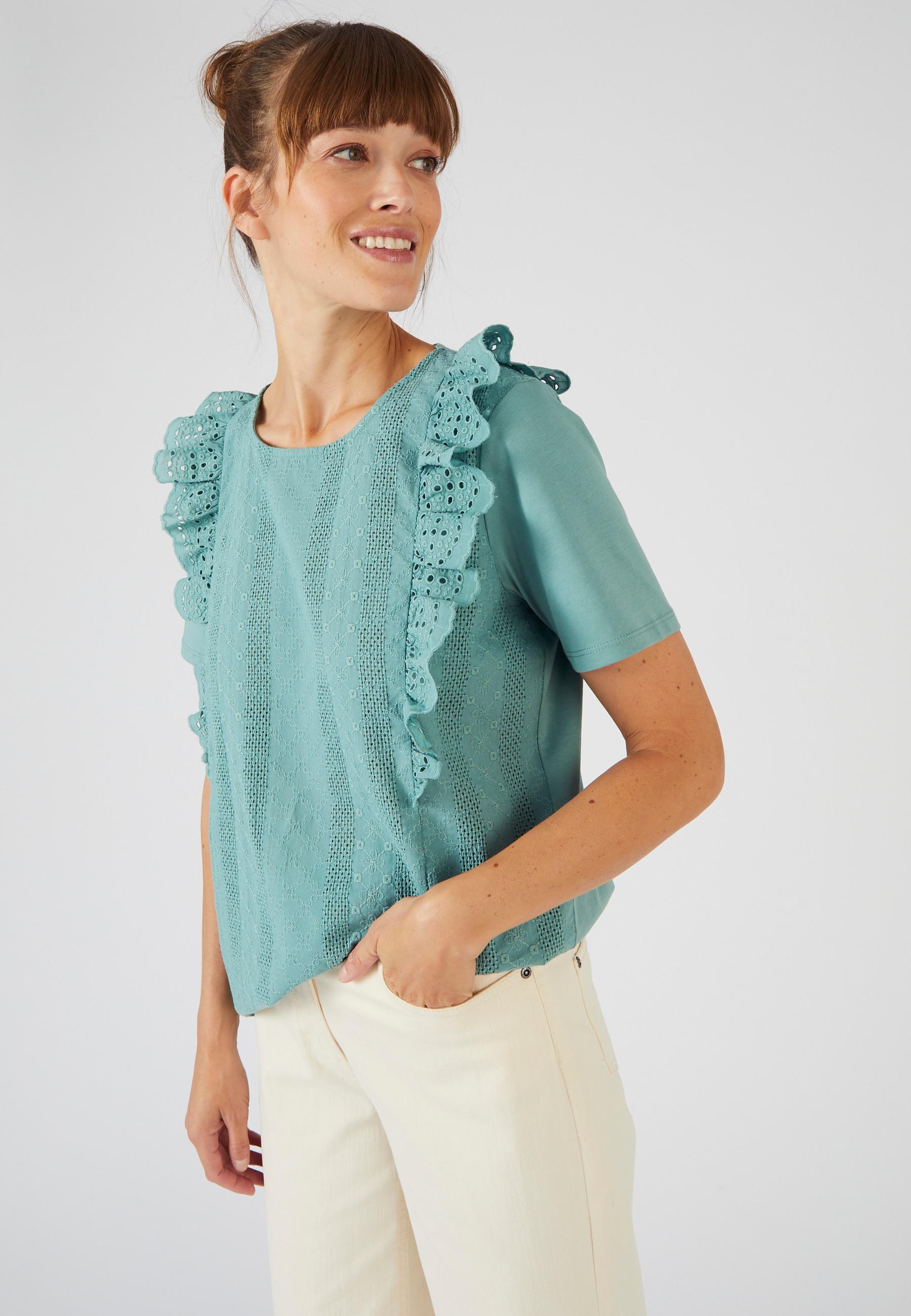 Image of T-shirt Aus Materialmix Mit Lochstickerei. Damen Grün 50/52
