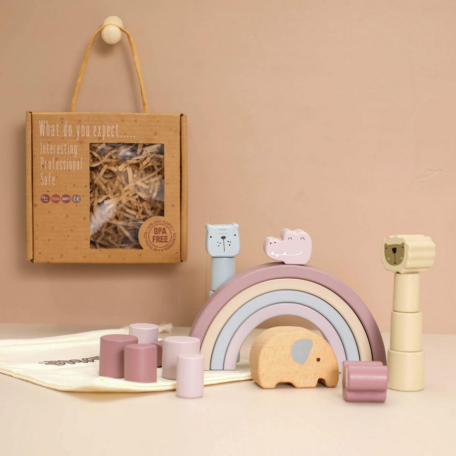 Activity-board  Regenbogenholz, Holzspielzeug Baby, Balance Stapelspiel, Bausteine für Kinder Stapelturm in Pastellfarbe 