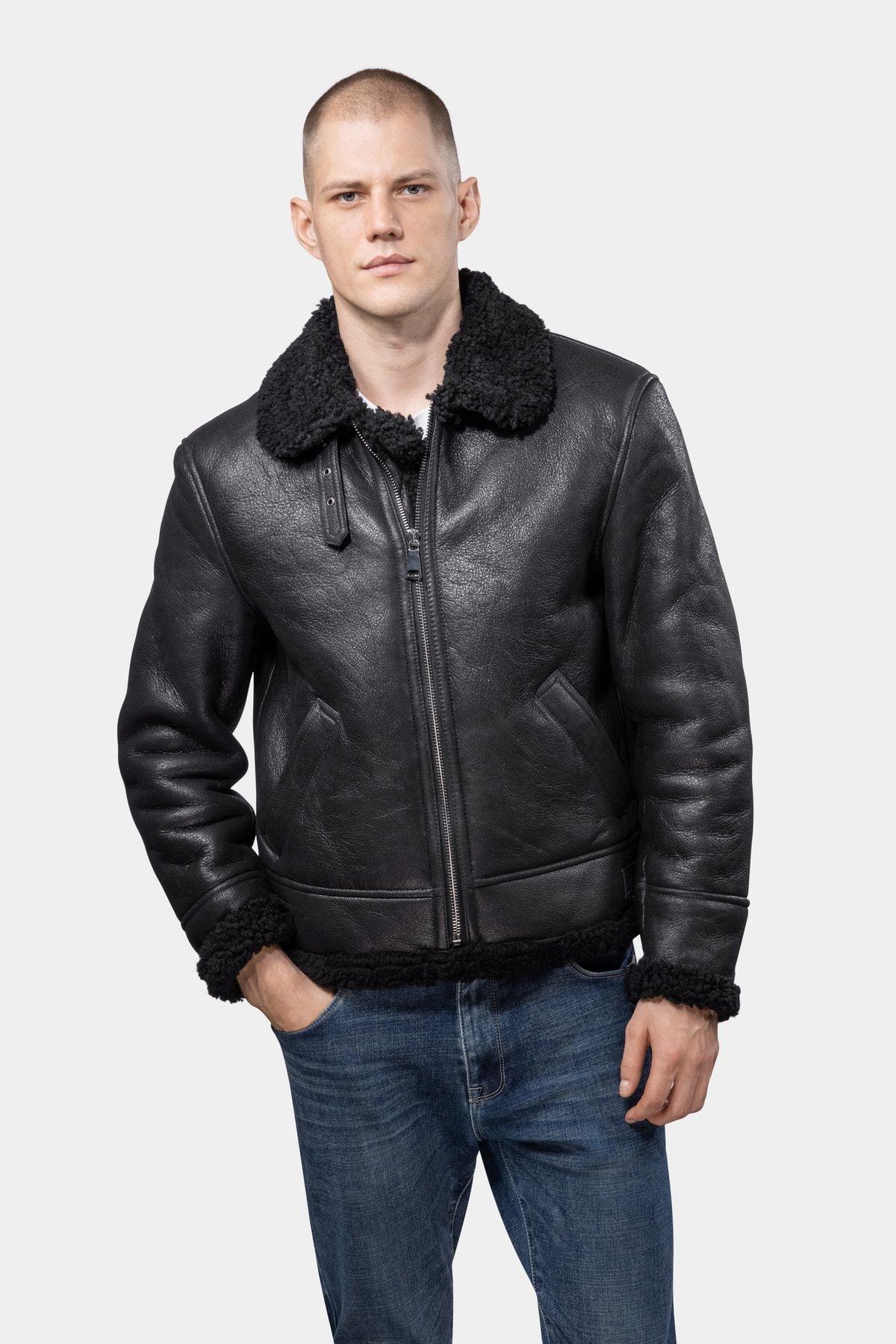 Image of Lammfell Aviator B3 Lederjacke - Schwarz Herren Schwarz L