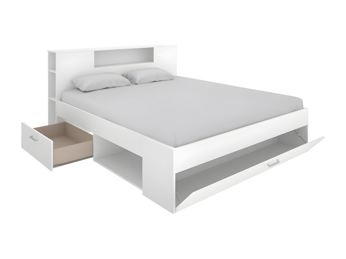 Vente-unique Letto matrimoniale con testiera portaoggetti e cassetti Bianco LEANDRE  