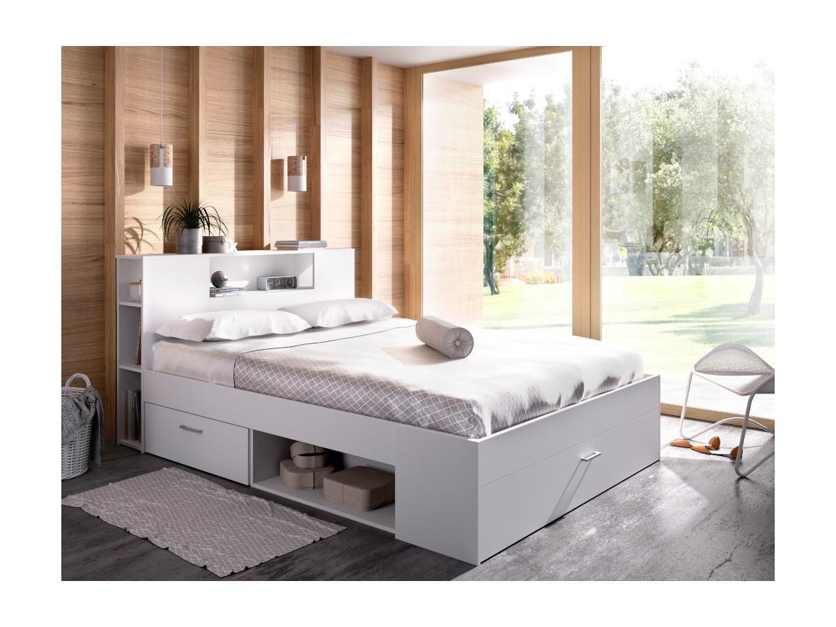 Vente-unique Letto matrimoniale con testiera portaoggetti e cassetti Bianco LEANDRE  