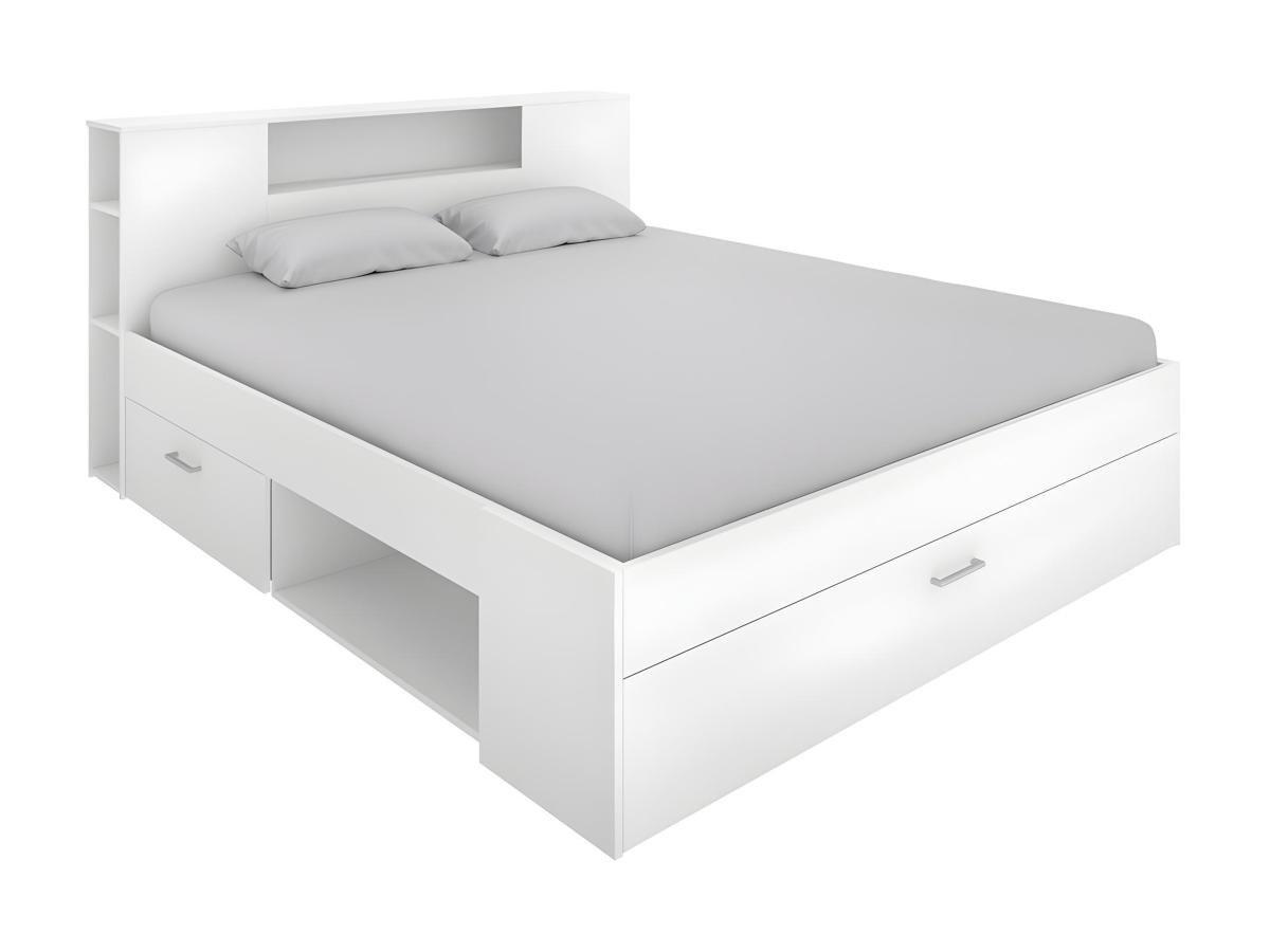 Vente-unique Letto matrimoniale con testiera portaoggetti e cassetti Bianco LEANDRE  