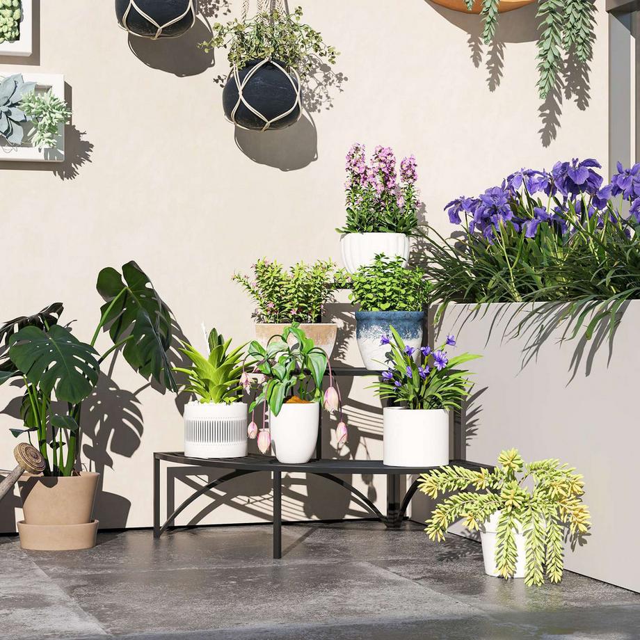 Northio Supporto per Piante a 3 Livelli, Supporto per Fiori per Uso Interno ed Esterno, Scaffale per Piante in Metallo, Scaffale per Fiori a Più Livelli, Scaletta per Fiori Alta 60 cm per Soggiorno, Decorazione del Balcone del Giardino, Nero  