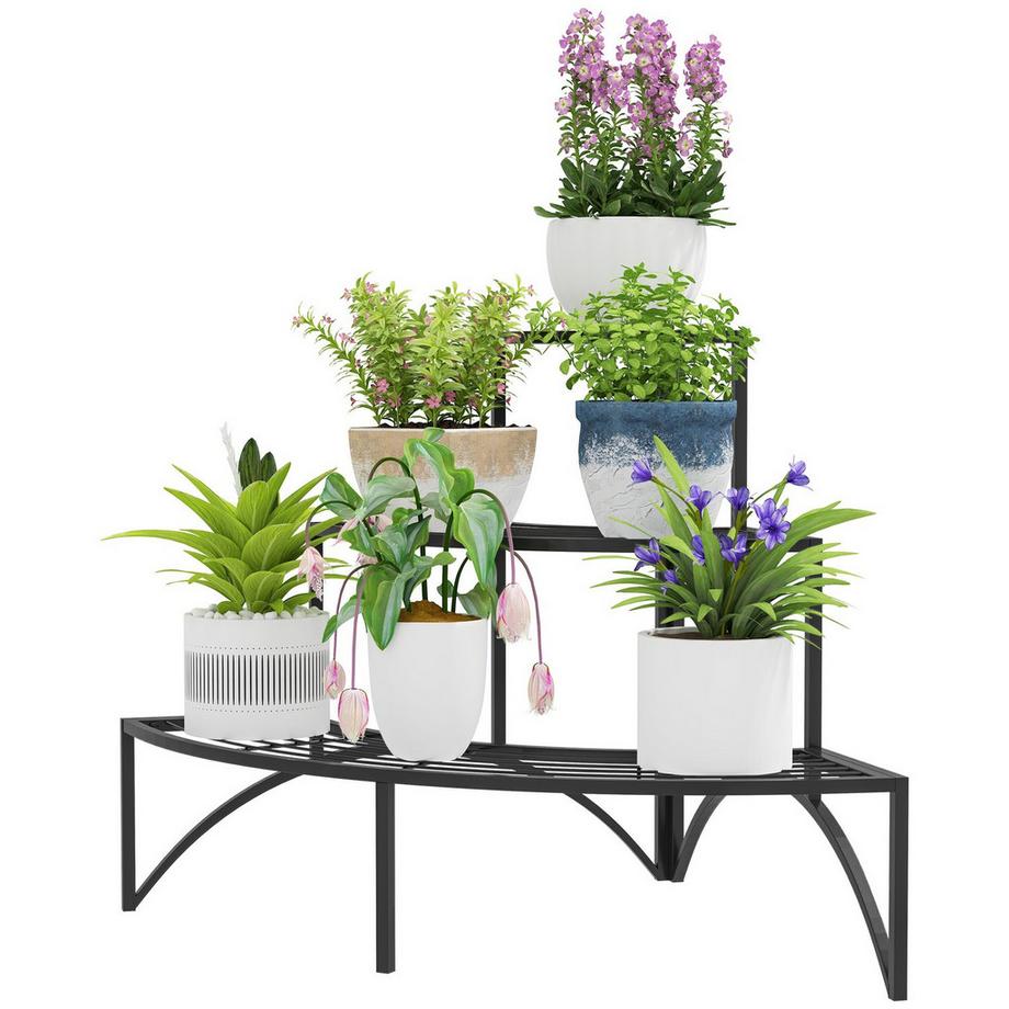 Supporto per Piante a 3 Livelli, Supporto per Fiori per Uso Interno ed Esterno, Scaffale per Piante in Metallo, Scaffale per Fiori a Più Livelli, Scaletta per Fiori Alta 60 cm per Soggiorno, Decorazione del Balcone del Giardino, Nero