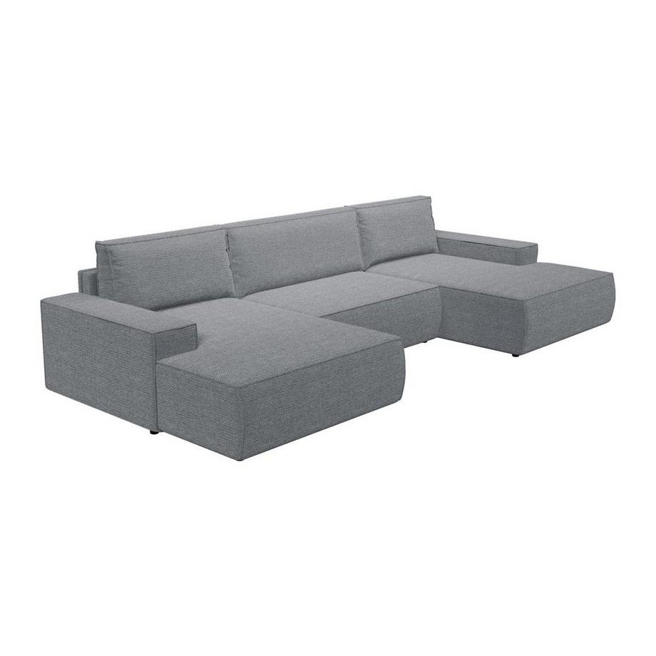 Vente-unique Grand canapé d'angle panoramique convertible en tissu texturé gris AMELIA  