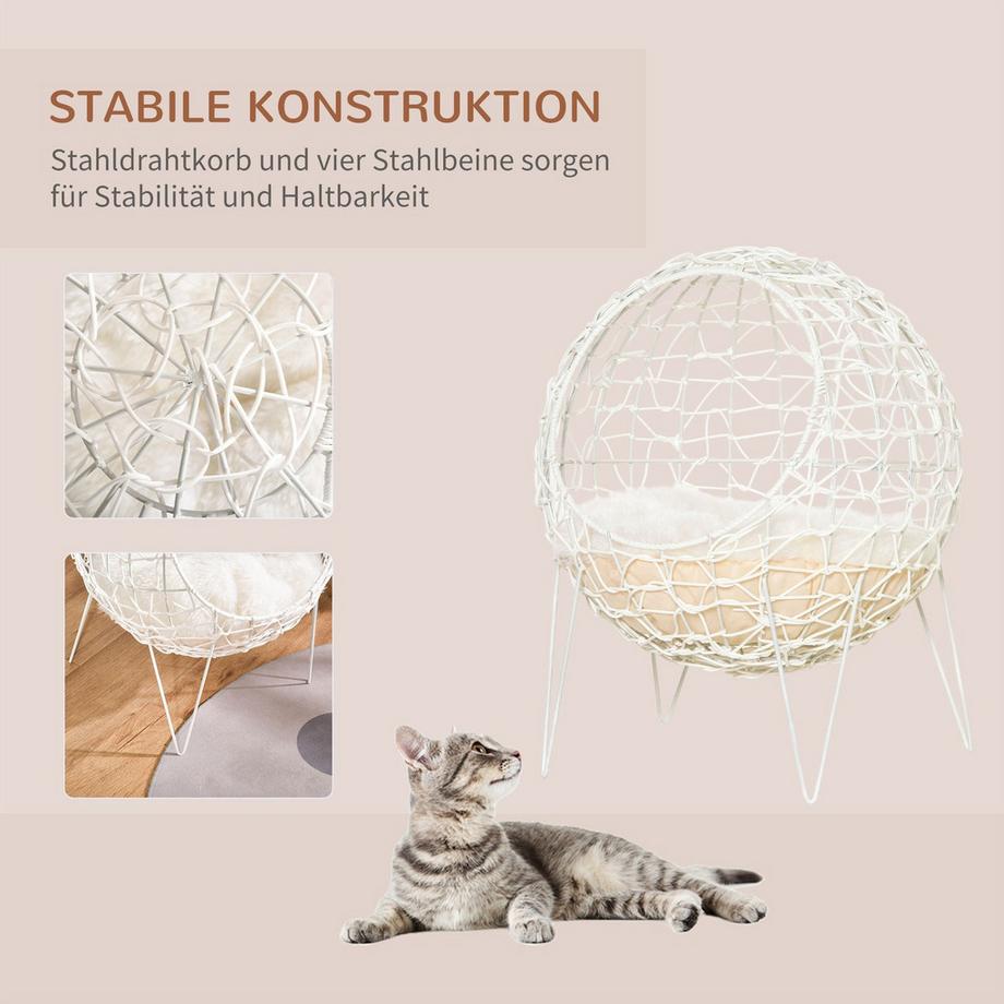 Northio  Rattan Katzenkorb Katzenhöhle Mit Kissen, Erhöhtes Design, Haustierbett, Cremeweiß, Ø45X57H Cm 
